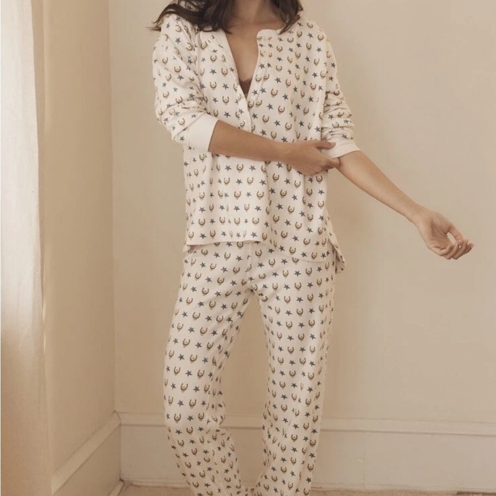 Anthropologie Cream western waffle knit Pajama Set star horseshoe cozy soft
